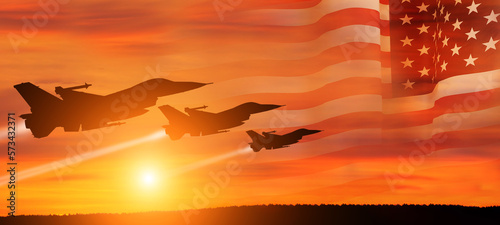 Group of aircraft fighter jet airplane. USA flag. Air force day. 3d illustration photo