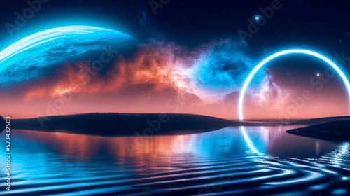 Futuristic fantasy landscape, sci-fi landscape with planet, neon light, cold planet. Galaxy, unknown planet. Dark natural scene with light reflection in water. Neon space galaxy portal. 3D © Faruk