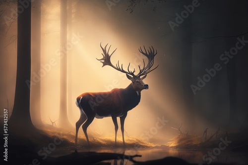 Deer in dark forest, morning sun. Generative AI.