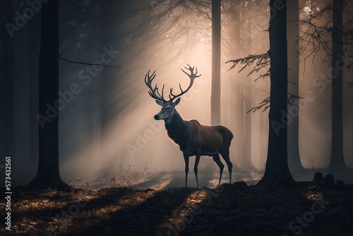 Deer in dark forest, morning sun. Generative AI. © Bargais