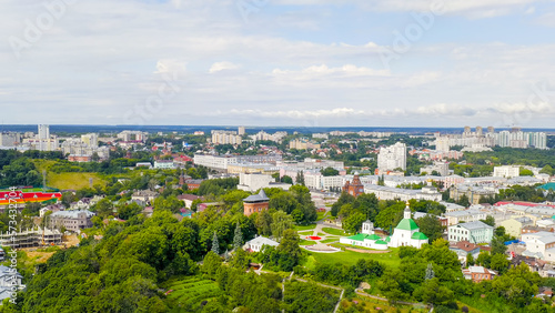 Russia, Vladimir - August 11, 2020: Flight over the city. One of the sights of the city - the Water Tower, Aerial View
