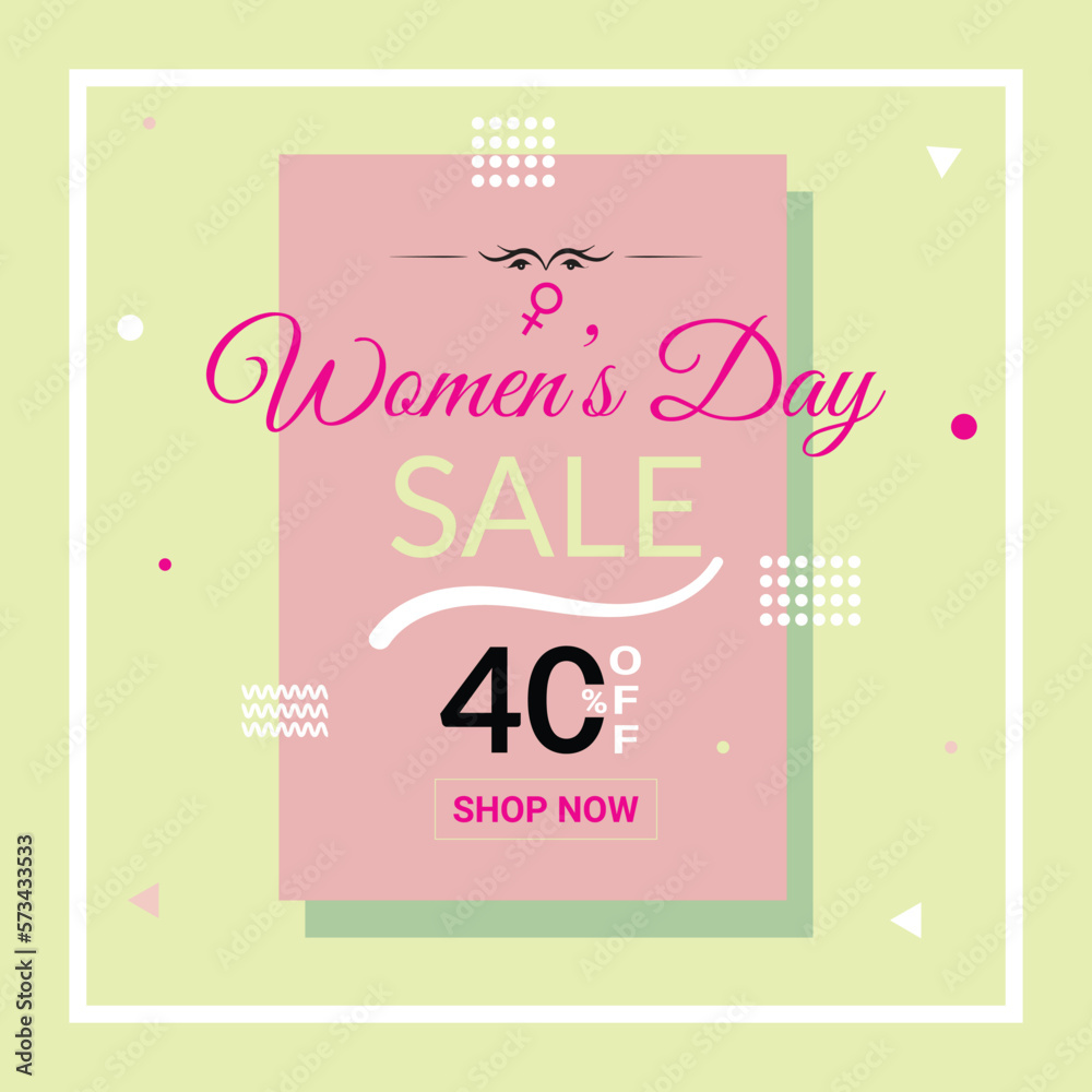 Happy women's day 40% discount sale offer banner. International women's day social media post promotion.International women’s day discount sale