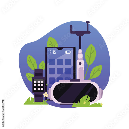 Smartphone accessories set - selfie stick, VR glasses and smart watches, flat vector illustration isolated on white.