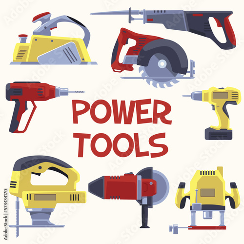 Power tools banner or card design vector illustration isolated on background.