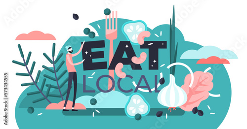 Eat local illustration, transparent background. Flat tiny encouragement sign persons concept. Fresh, healthy, tasty and organic seasonal food without exporting.