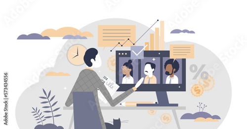 Video call meeting as company business online appointment tiny person concept, transparent background. Distant job communication about financial profit data illustration. Formal group talking.