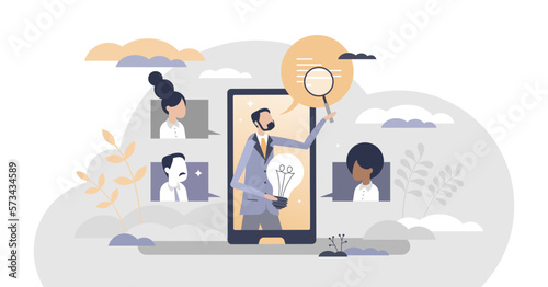 Online course with inspirational idea as creative lecture from teacher tiny person concept, transparent background. Listening to educational video as distant training.