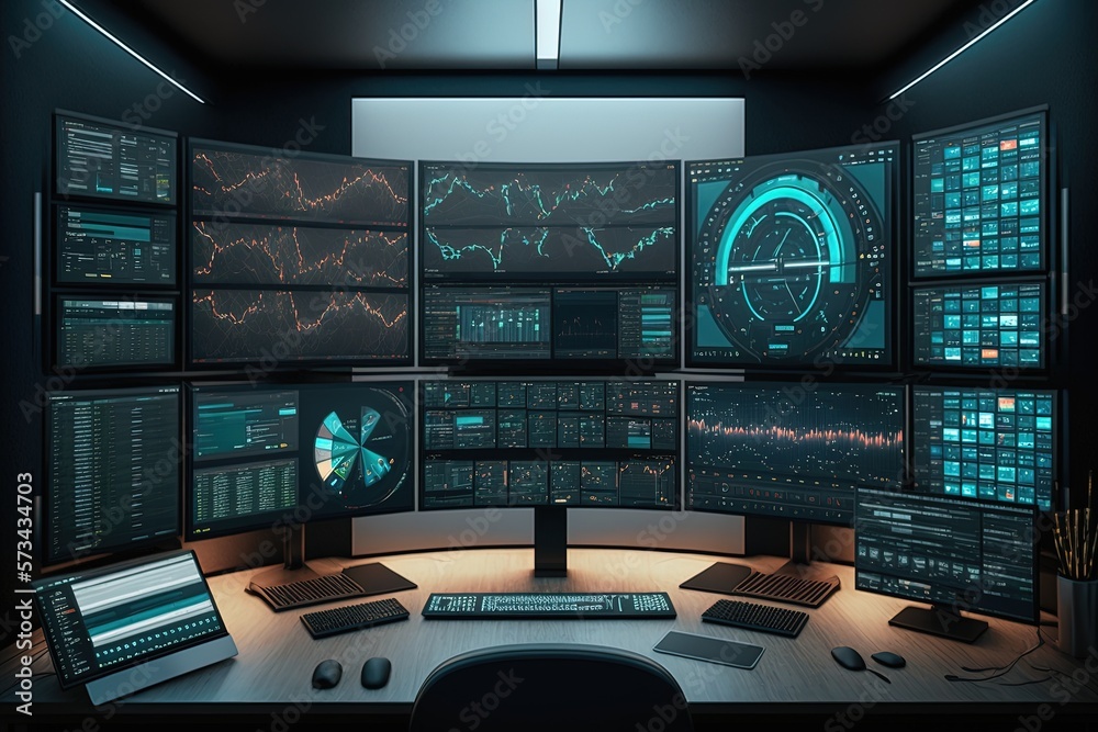 Room with many screens as a trading setup with charts on the screens. Generative AI.	 - obrazy, fototapety, plakaty 