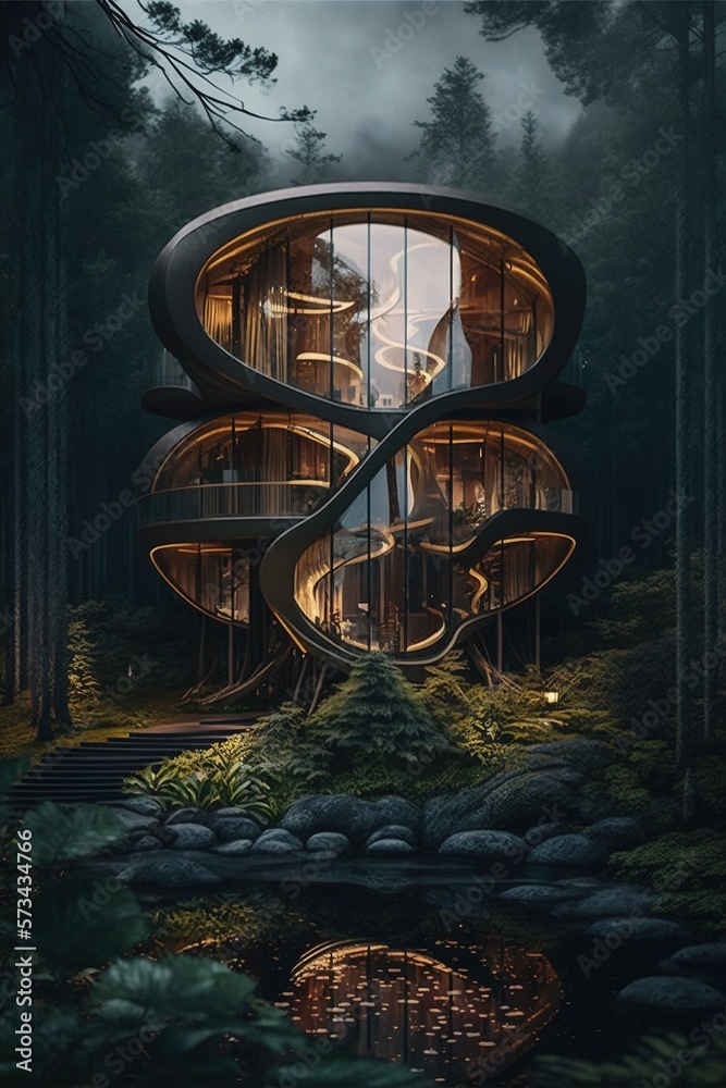 Stunning futuristic heartcore eco-home, misty forest environment. Generative AI.