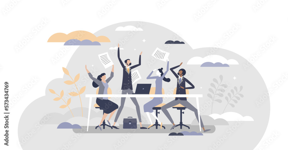 HR Happy employees as cheerful friday mood in work office tiny person concept, transparent background. Successful business project, deal or profit with celebration joy illustration.