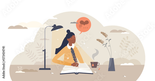 Journal diary and memo book notes to write down memories and feelings tiny person concept, transparent background. Poems or novels author manuscript process illustration.