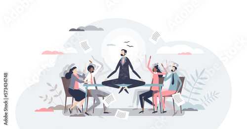 Conflict management and make compromise and mediation tiny person concept, transparent background. Fighting, arguing and confrontation in workplace between opponents illustration.