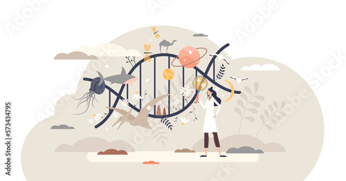 DNA science and evolution research as genetic data study tiny person concept, transparent background. Historical life development and progress examination.