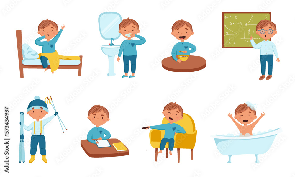 Set of daily cute blond boy vector illustration. Daily routine. Schedule. Isolated on a white background