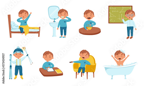 Set of daily cute blond boy vector illustration. Daily routine. Schedule. Isolated on a white background