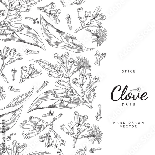 Vertical seamless border with hand drawn monochrome clove spices sketch style