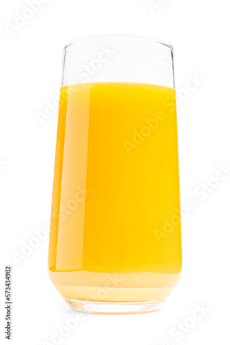 orange juice in a transparent glass on a white background