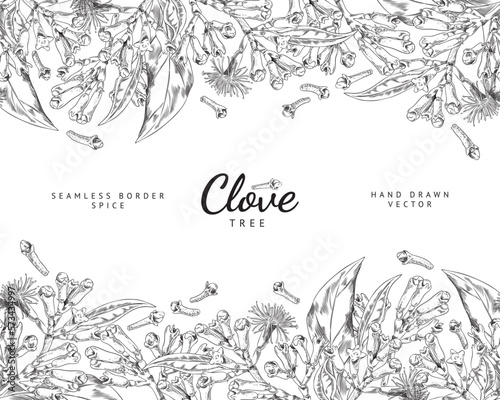 Seamless border or edging with cloves spice engraving vector illustration.