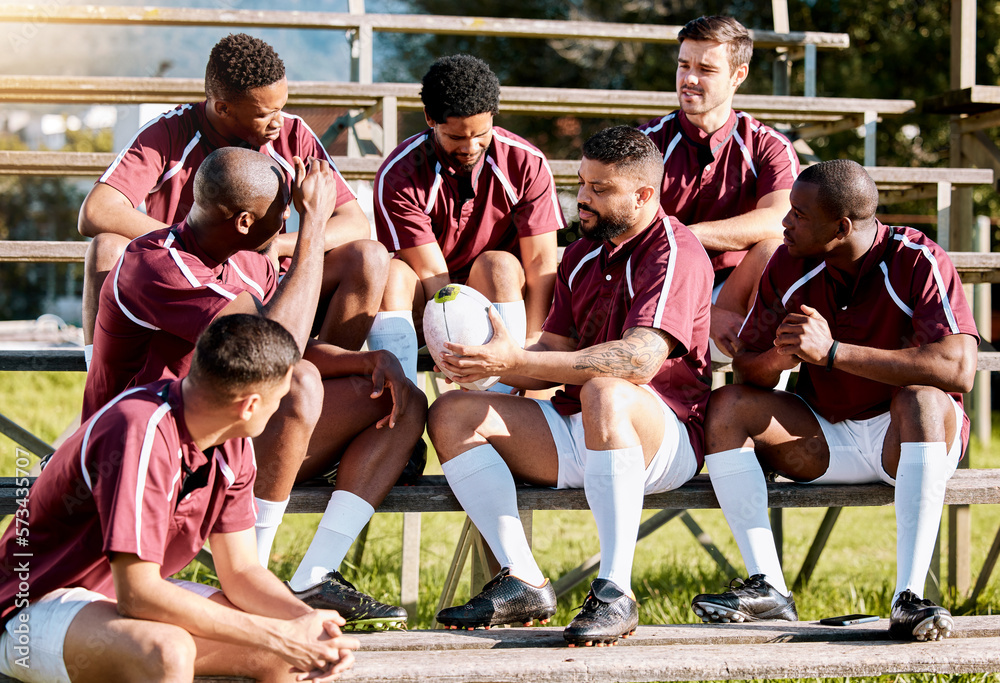 Sports, fitness and rugby team with ball ready for exercise, training