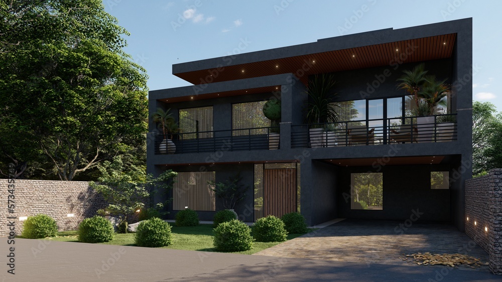 Luxurious modern house in dark colors with a convenient driveway and a garage, 3d render. Luxurious modern house in dark colors with a convenient driveway and a garage, 3d render.