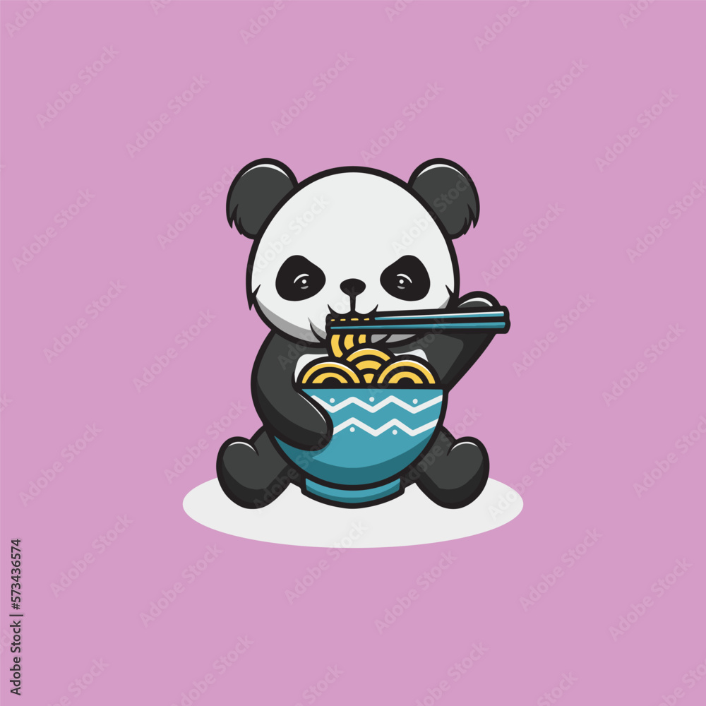 Cute panda eating ramen cartoon illustration