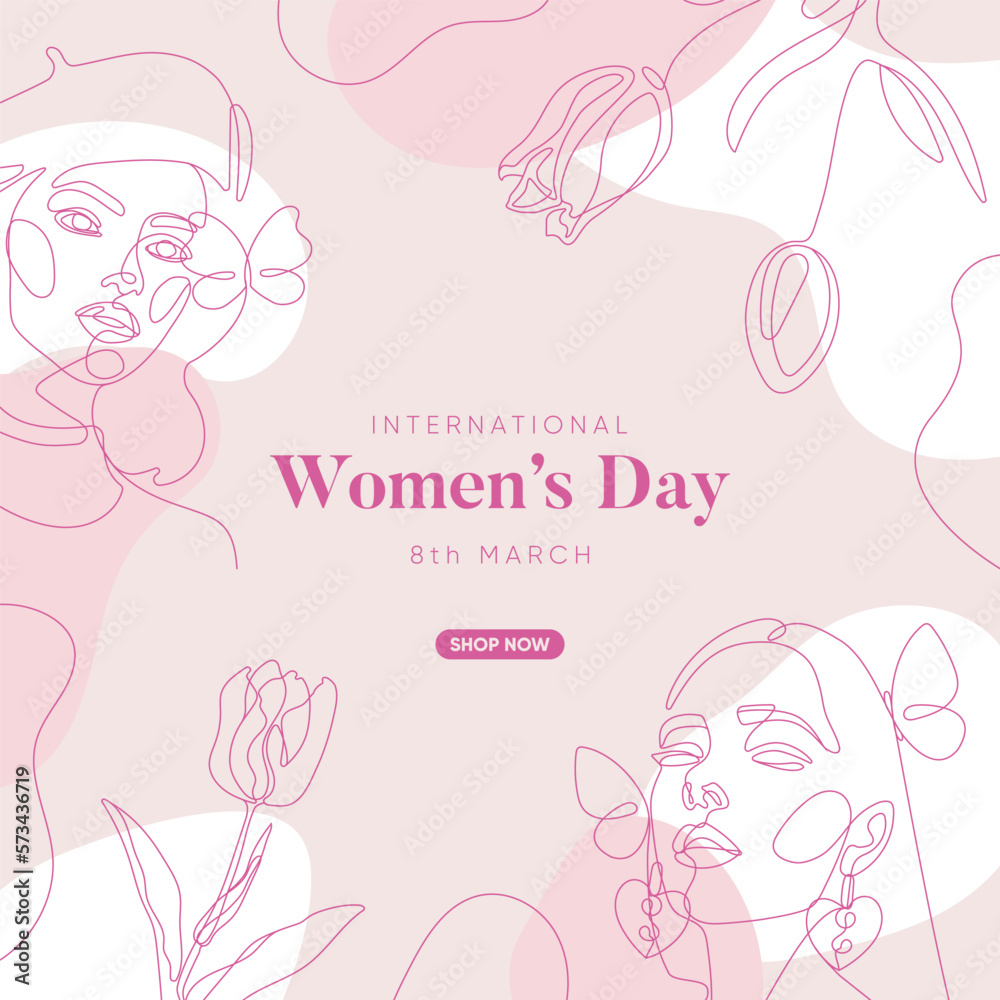 International Women's Day banner design. Minimal boho and line art composition. Vector illustration.