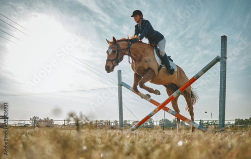 Training, jump and woman on a horse for a course, event or show on a field in Norway. Equestrian, jumping and girl doing a horseback riding obstacle during a jockey race, hobby or sport in nature