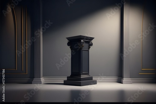 Black Podium/Dias in the center of a dark room with a cinematic spotlight for product display/exhibition.