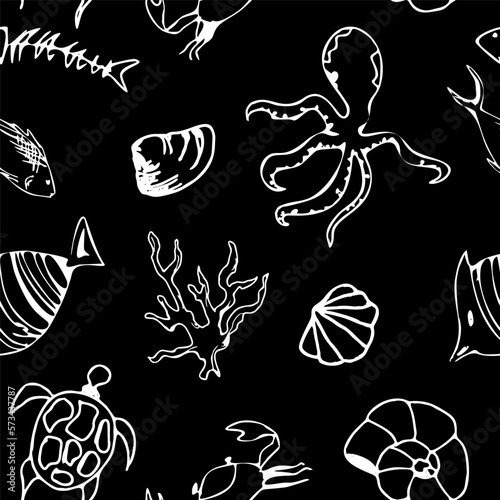 Marine coloring doodle with different nautical elements. Vector nautical seamless pattern with sea elements.  for wallpapers, prints, textiles, fabric, backgrounds. Underwater animals vector