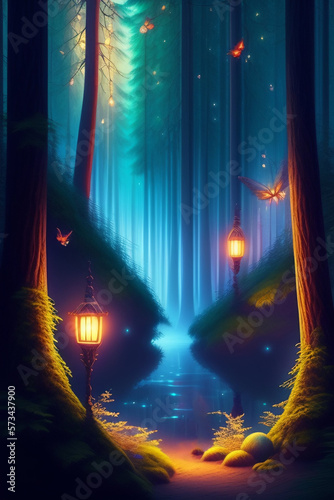 Night in the forest with fireflies and lamp