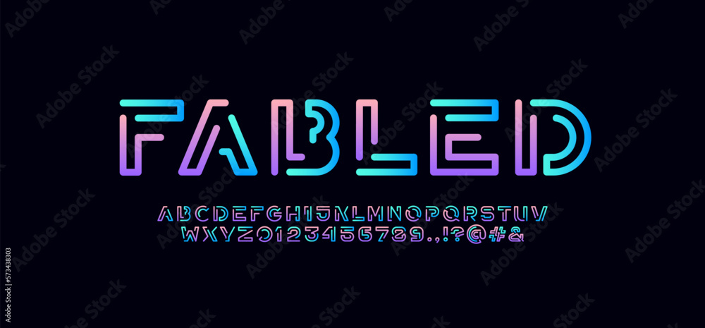Digital style alphabet, font from multi colored line, letters and numbers made in bright linear style, vector illustration 10EPS