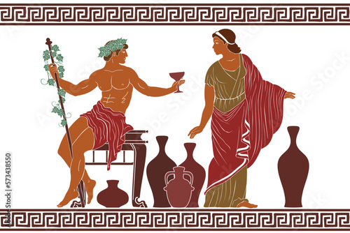 Drawing in the ancient Greek style. Mythological plot, Dionysus the god of winemaking holds out a glass of wine to Ariadne. photo