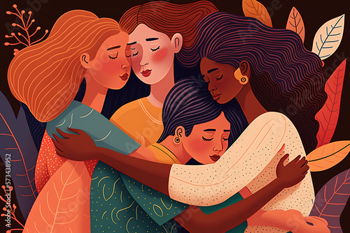 International Women Embrace Themselves and Each Other, Women's Rights Day, International Women's Day, March 8, Embrace Equity, The Concept of Feminism. Generative AI.