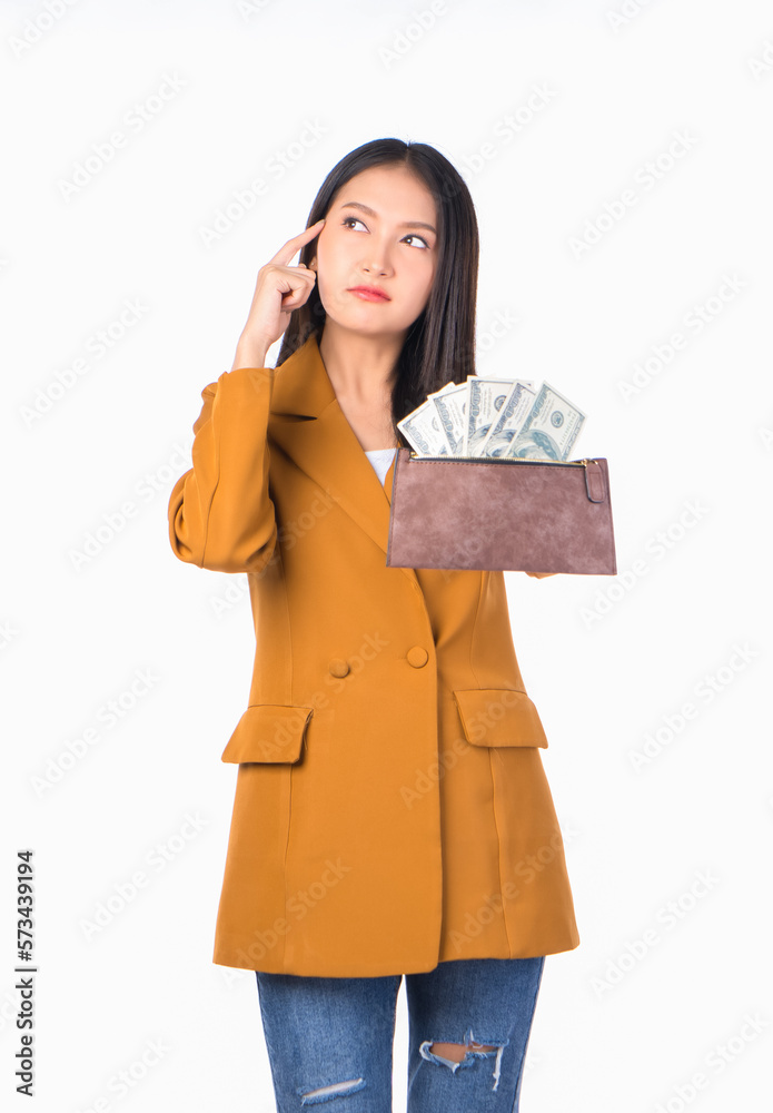 happy asian woman excited holding money banknotes and a wallet cheerful and confident, finance and employment, entrepreneur and money currency payment bill concept. happy asian woman excited holding money banknotes and a wallet cheerful and confident, finance and employment, entrepreneur and money currency payment bill concept.