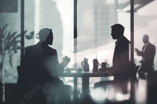 illustration, a blurred scene of businessmen talking in the office,generative ai
