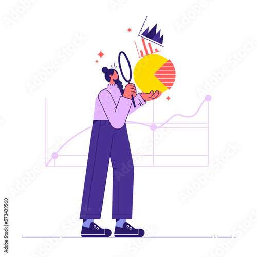 Business data analysis concept vector illustration, employees are analyzing with different financial charts and graphs