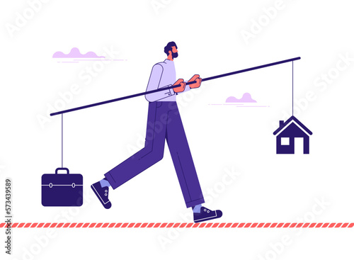 Man walking on a tightrope with work and life balance. Balancing work and life concept vector illustration