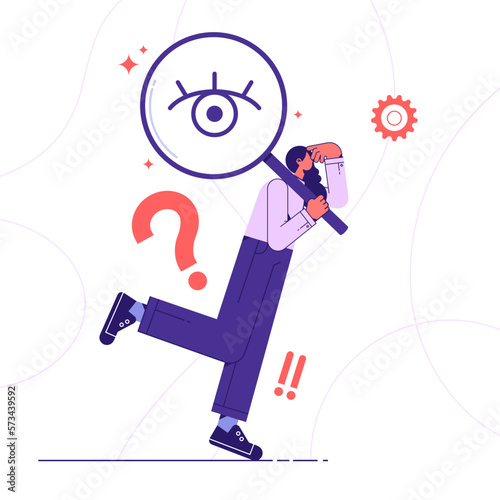 Concept of frequently asked questions, query, investigation, search for information, Woman standing holding magnifying glass and searching for information, flat vector illustration