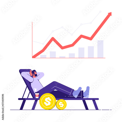 Man lying lying on deckchair with money coins, financial freedom, successful online trader, earn money from investment technical analysis concept, vector illustration