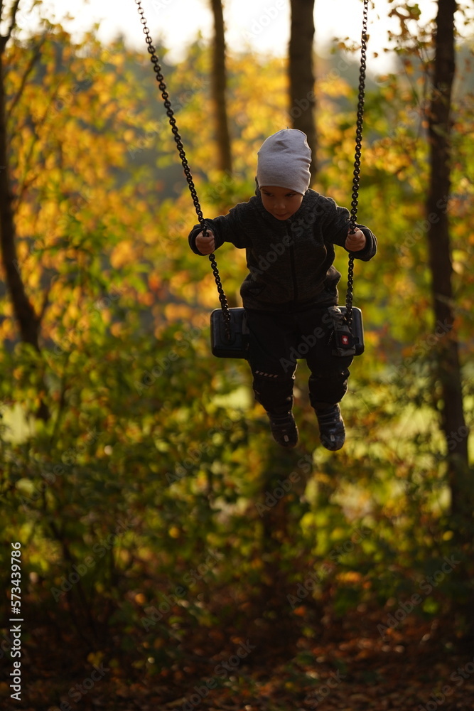 Little boy having fun on a swing on the playground in public park on autumn day. Happy child enjoy swinging. Active outdoors leisure for child in city