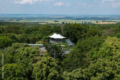 View over the canopy walkway in Germany's Hainich National Park towards the plains and fields in the background