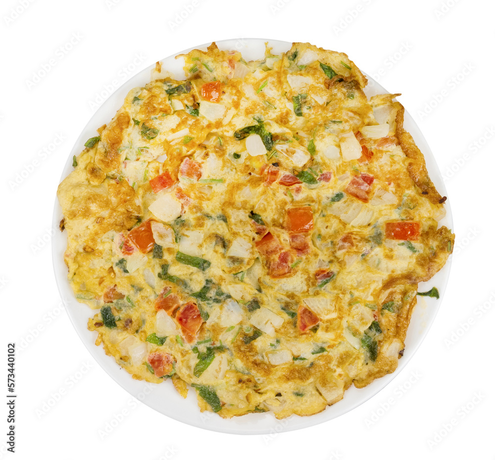 omelet with onion leaves and tomato isolated omelet with onion leaves and tomato isolated