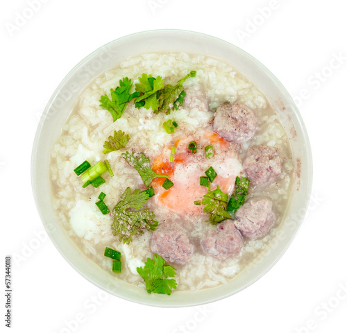 Fotografie rice porridge with pork meat ball isolated