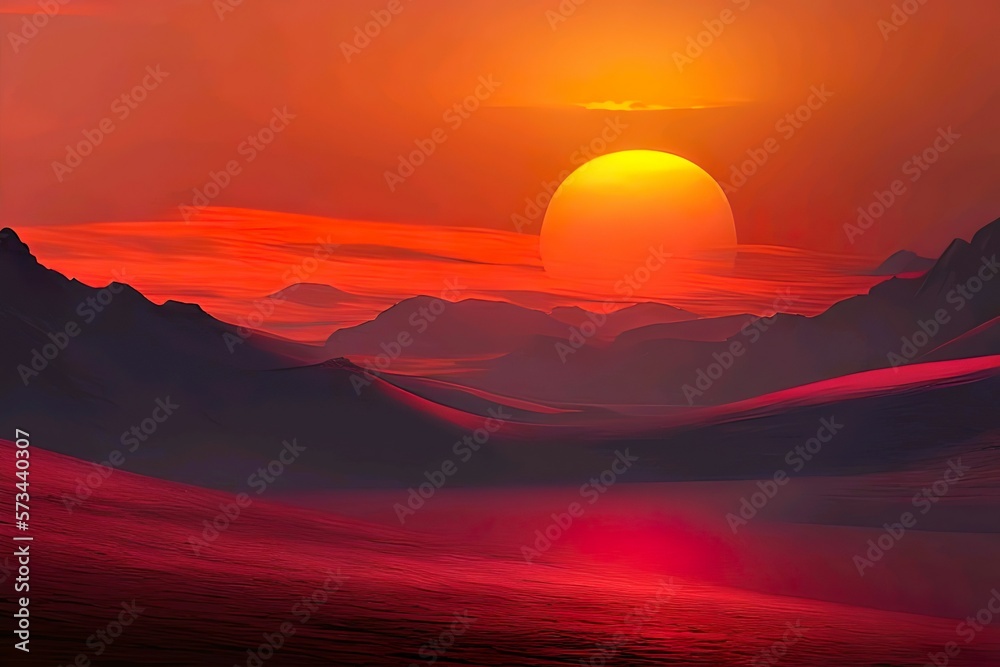 retro sunset landscape art with mountains and clouds in red yellow colors. generative ai