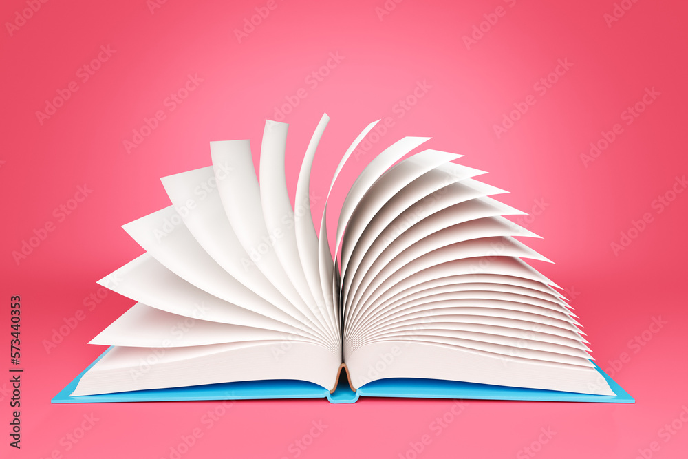3D rendering of opened book with blank pages in blue studio 3D rendering of opened book with blank pages in blue studio