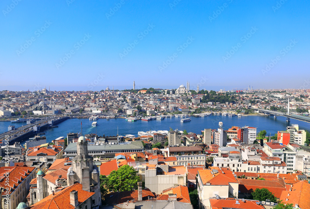 Aerial view of Istanbul, Suleymaniye Mosque and Bosphorus, Turkey. Top view from Galata Tower