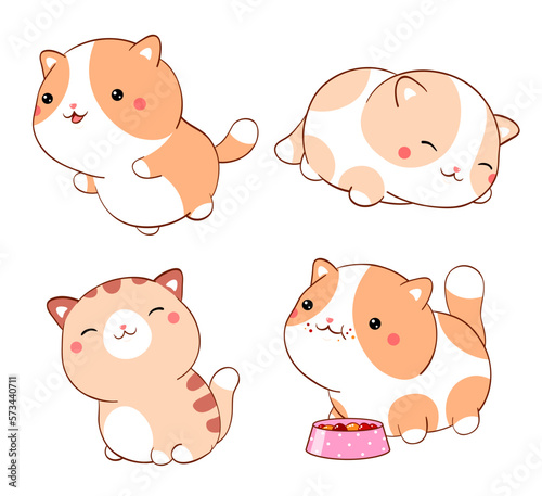 Set of cute fat cats kawaii style. Collection of lovely little kitty in different poses. Can be used for t-shirt print, stickers, greeting card design. Vector illustration EPS8