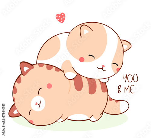 Square Valentine card with two sleeping fat kitty kawaii style. Greeting card with two cute little cats and inscription You and me