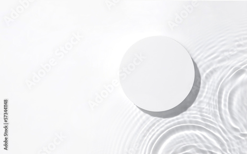 White round podium on the water surface background. Flat lay, copy space.	