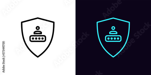 Outline shield security icon, with editable stroke. Shield frame with user password sign, safe login pictogram. Cyber security, personal data protection guarantee.